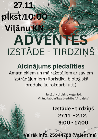 Adventes tirdziņš-izstāde aicina 